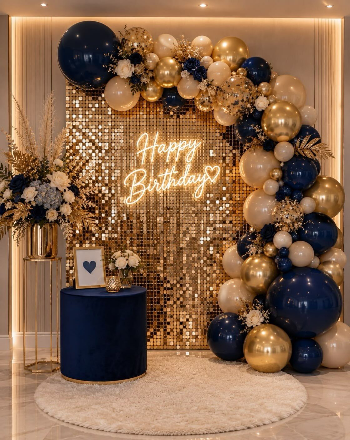 Gold sequin backdrop with navy and gold balloons and a neon Happy Birthday sign.