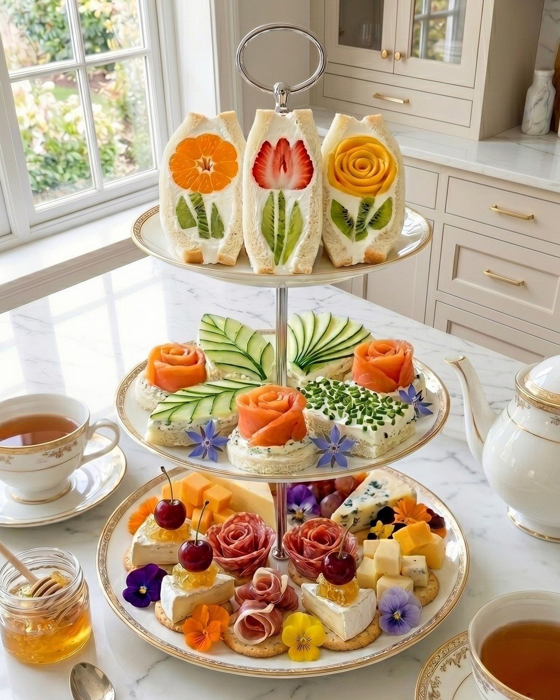 A three-tiered stand filled with decorative sandwiches, salmon roses, and cheese platters on a marble table.