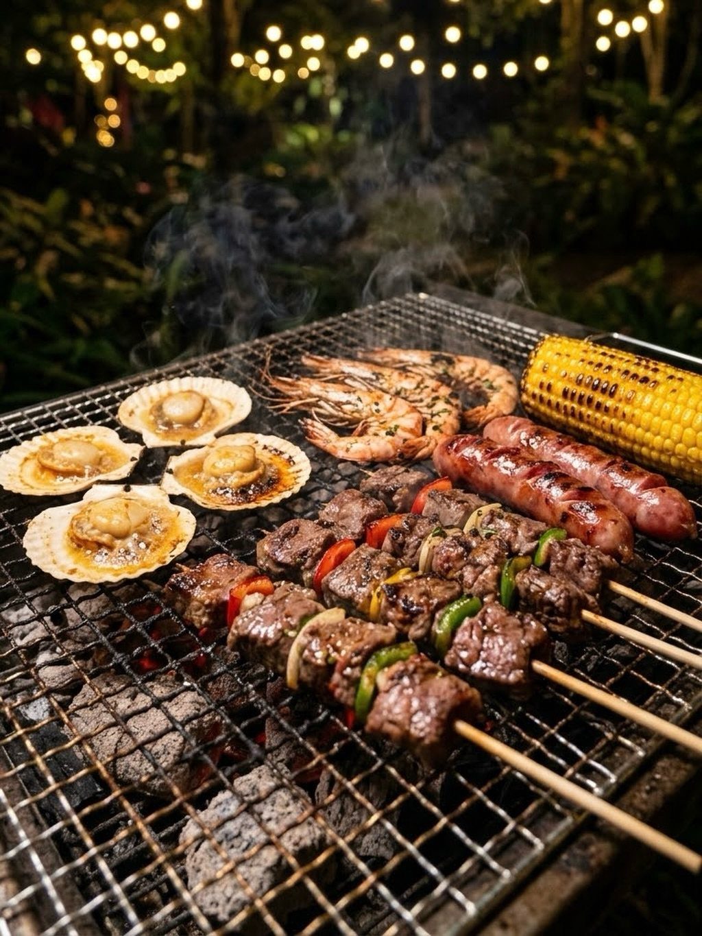 Assorted meat skewers, prawns, corn, and scallops grilling over hot charcoal on a barbecue.