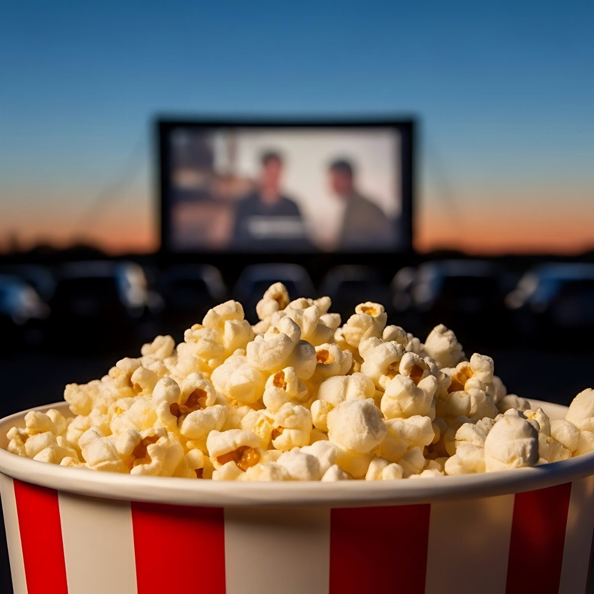Popcorn in a red and white striped bucket with a movie screen in the background.