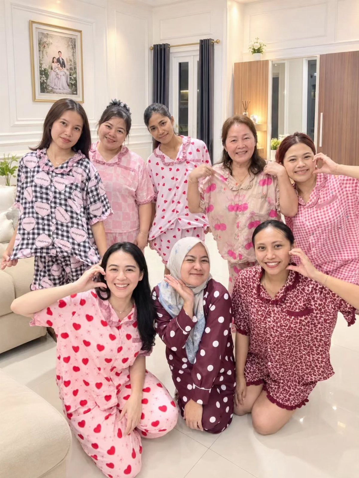 Eight women smiling and posing together while wearing various colorful patterned pajamas.