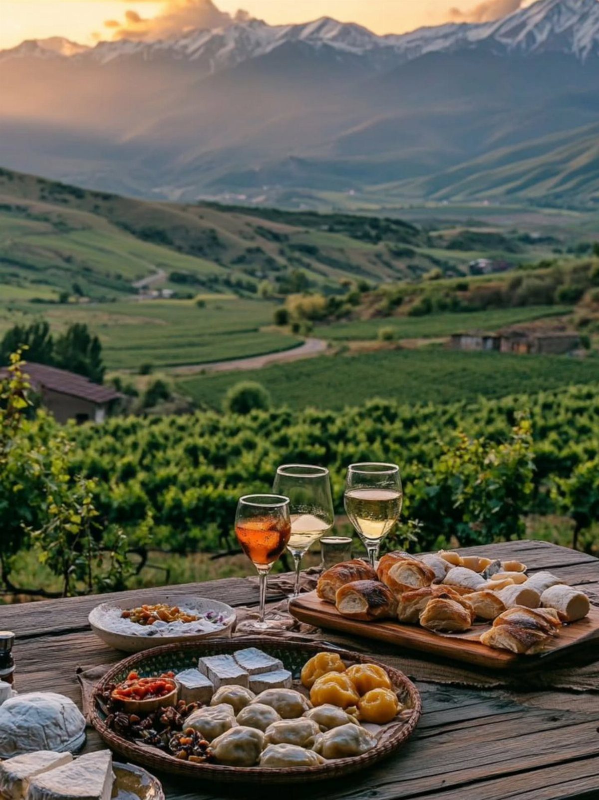 Wine glasses and cheese platters set on a wooden table overlooking a vineyard and mountains.