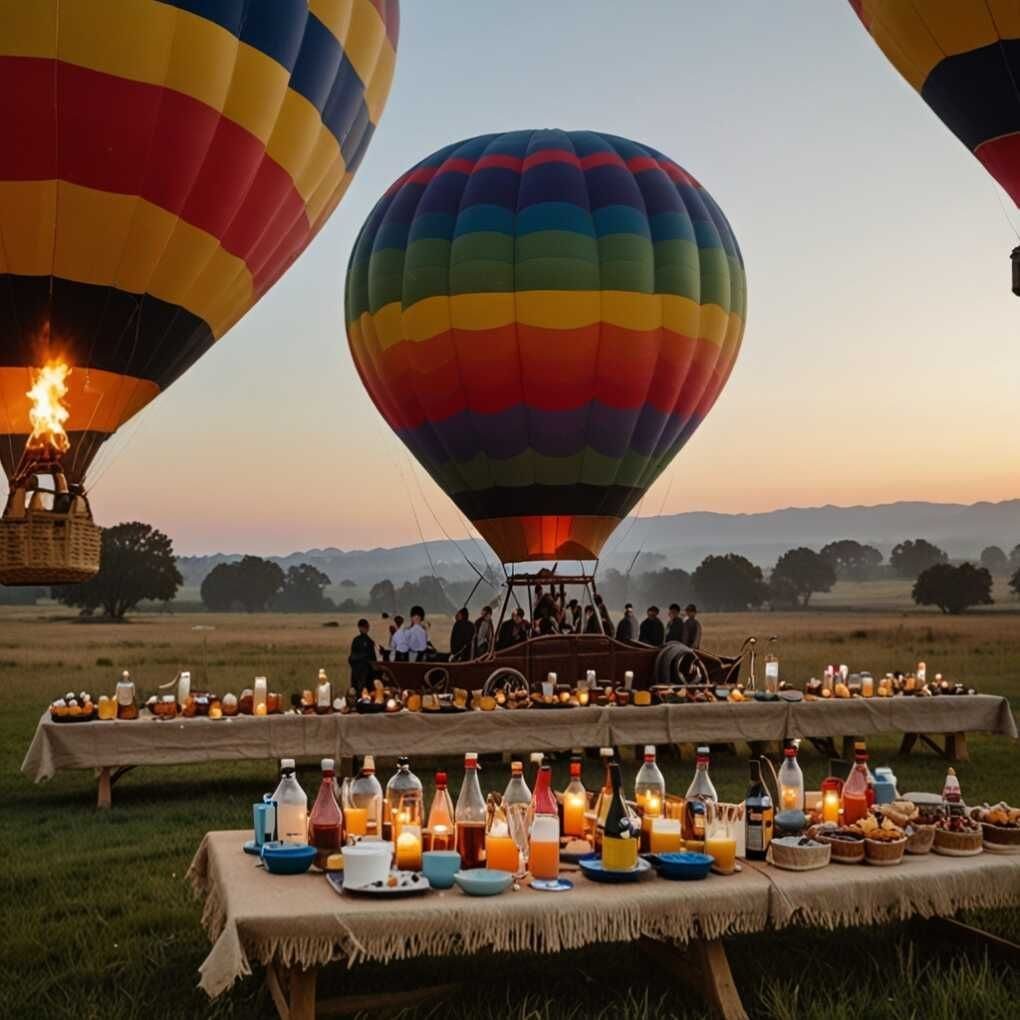 Colorful hot air balloons floating over a long table filled with drinks and food at dusk.