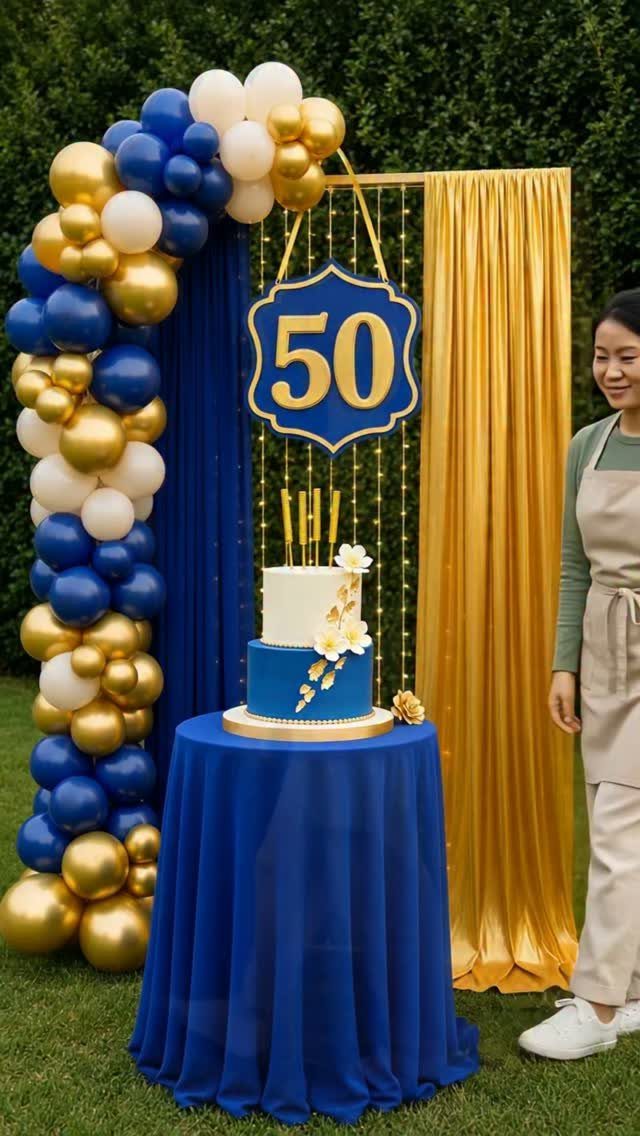 Blue and gold birthday decorations with a two-tier cake and a large number 50 sign.