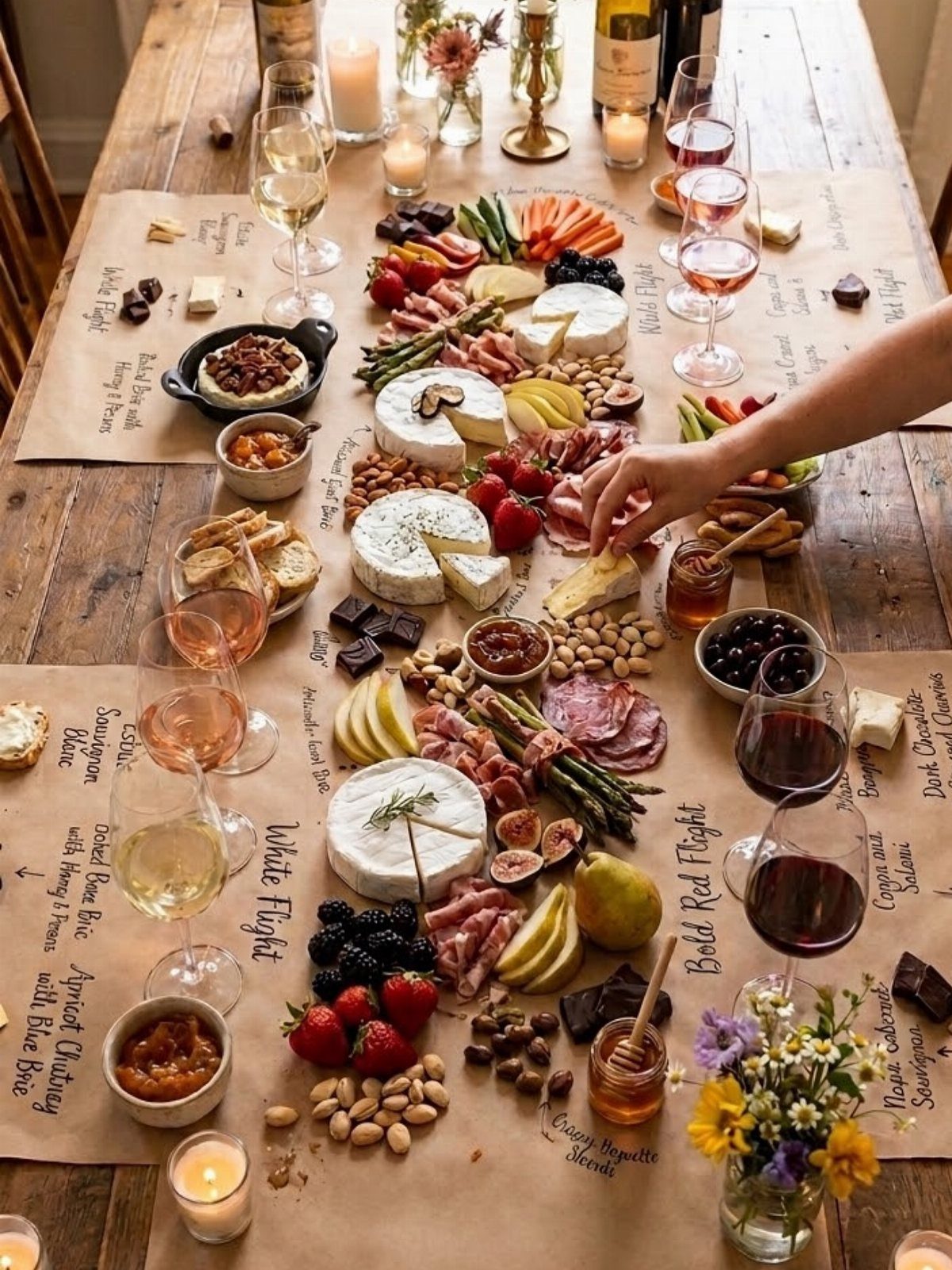 A long charcuterie board with various cheeses, meats, fruits, and wine glasses on a wooden table.