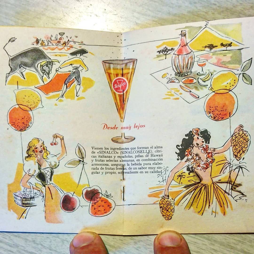 An open vintage booklet with colorful illustrations of cocktails, fruit, and people in Spanish.