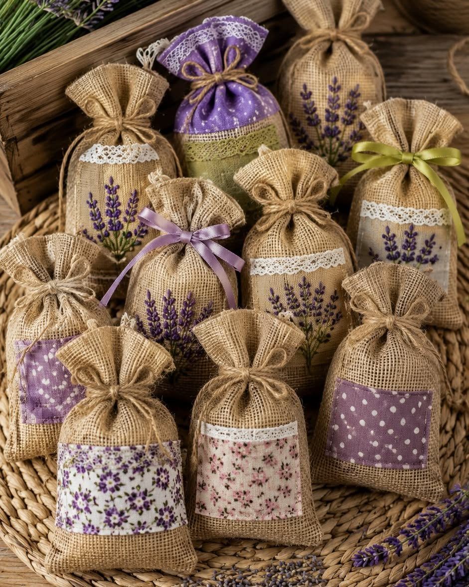 Small burlap and patterned fabric drawstring sachets arranged on a woven circular mat.