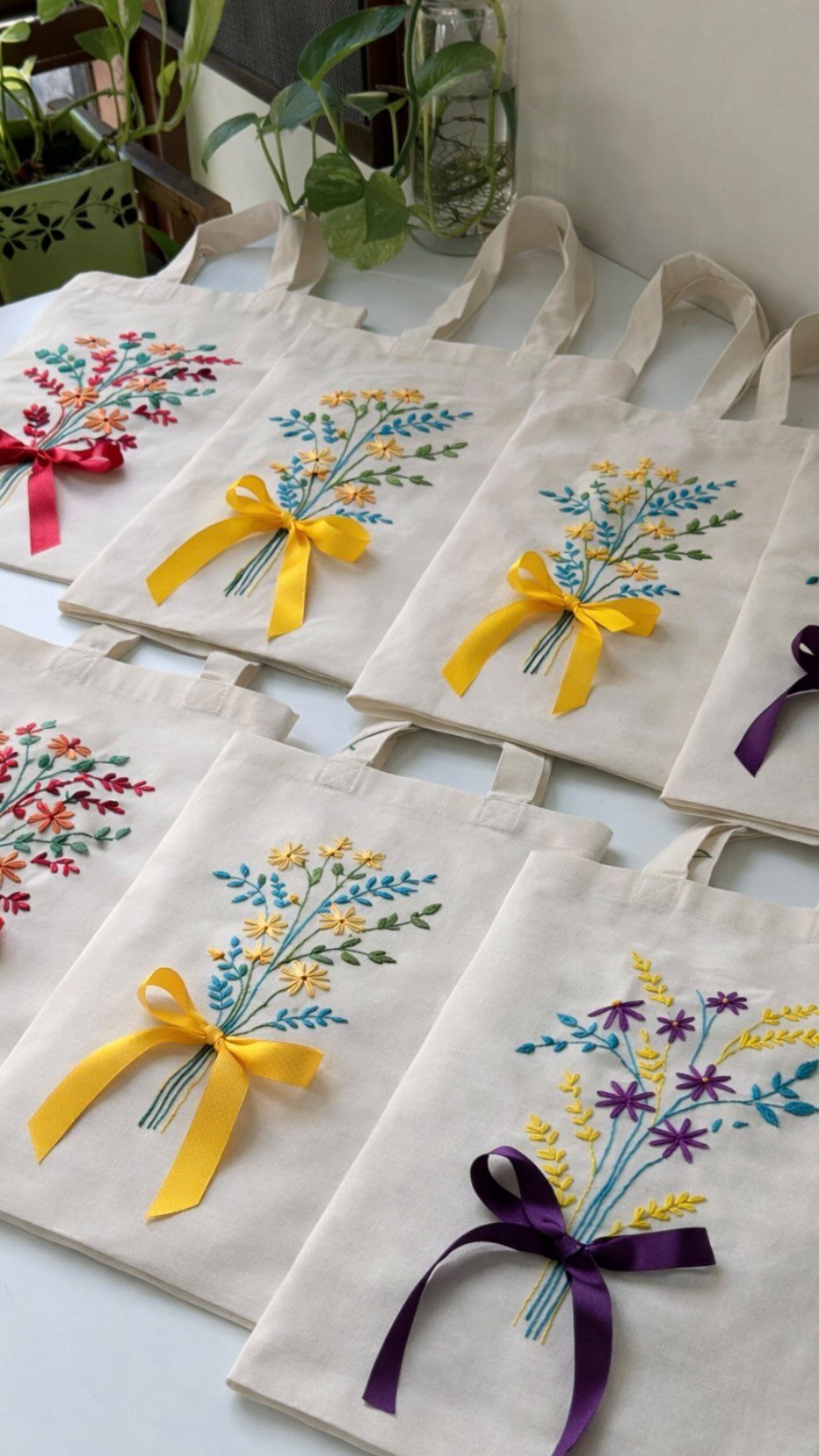 Embroidered canvas tote bags with colorful floral patterns and satin ribbon bows.