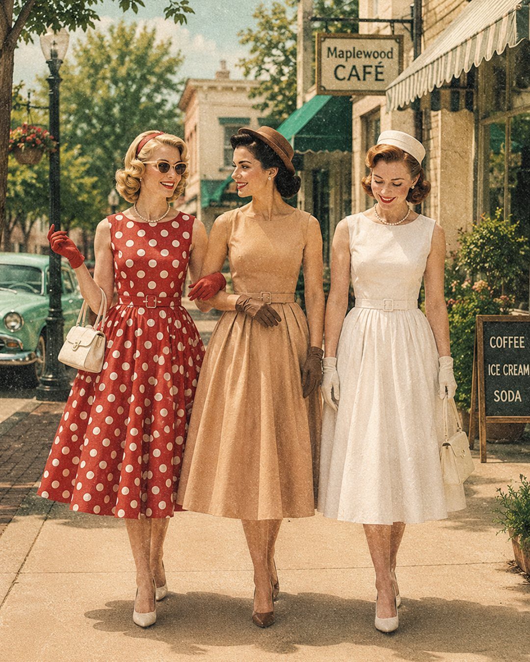 Three women walking down a street wearing vintage 1950s style dresses and accessories.