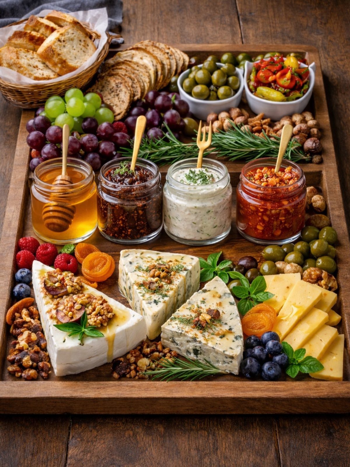 A wooden platter overflowing with assorted cheeses, fruits, nuts, olives, and small jars of preserves.