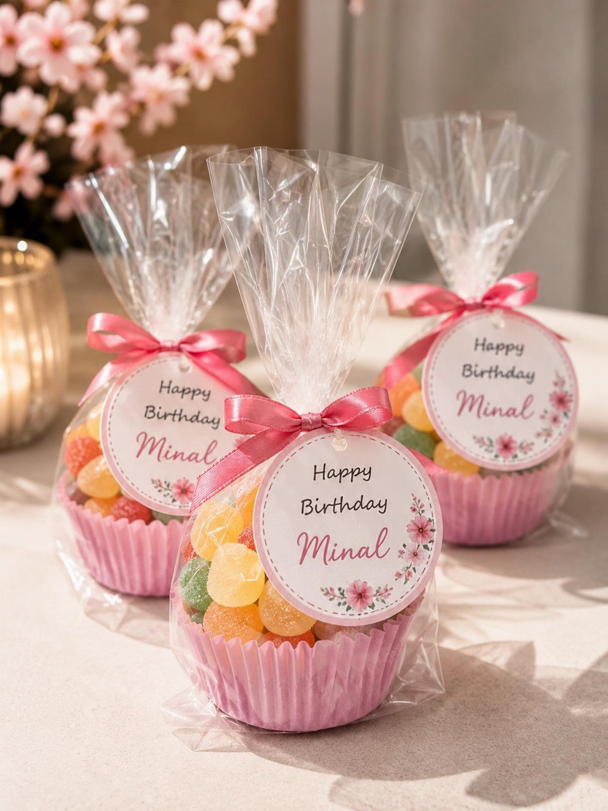 Three pink cupcake liners filled with colorful gummy candies in clear gift bags with pink ribbons.