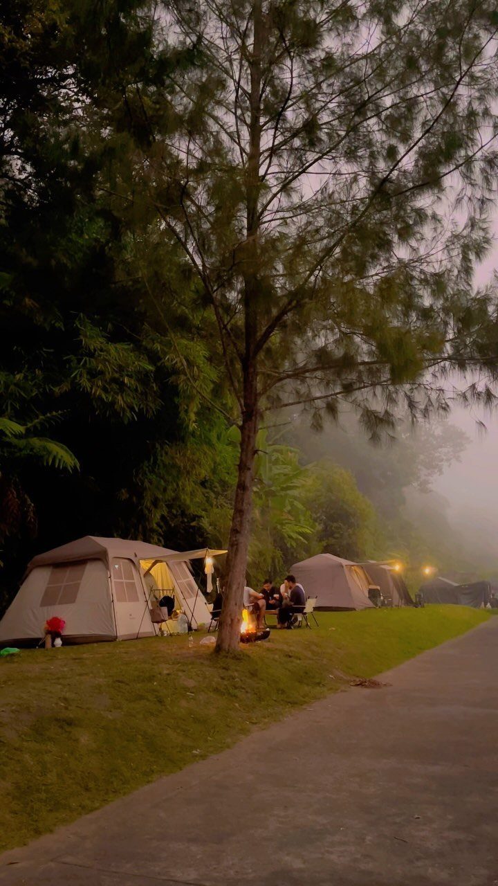 Large camping tents pitched on a grassy slope near a campfire at twilight.