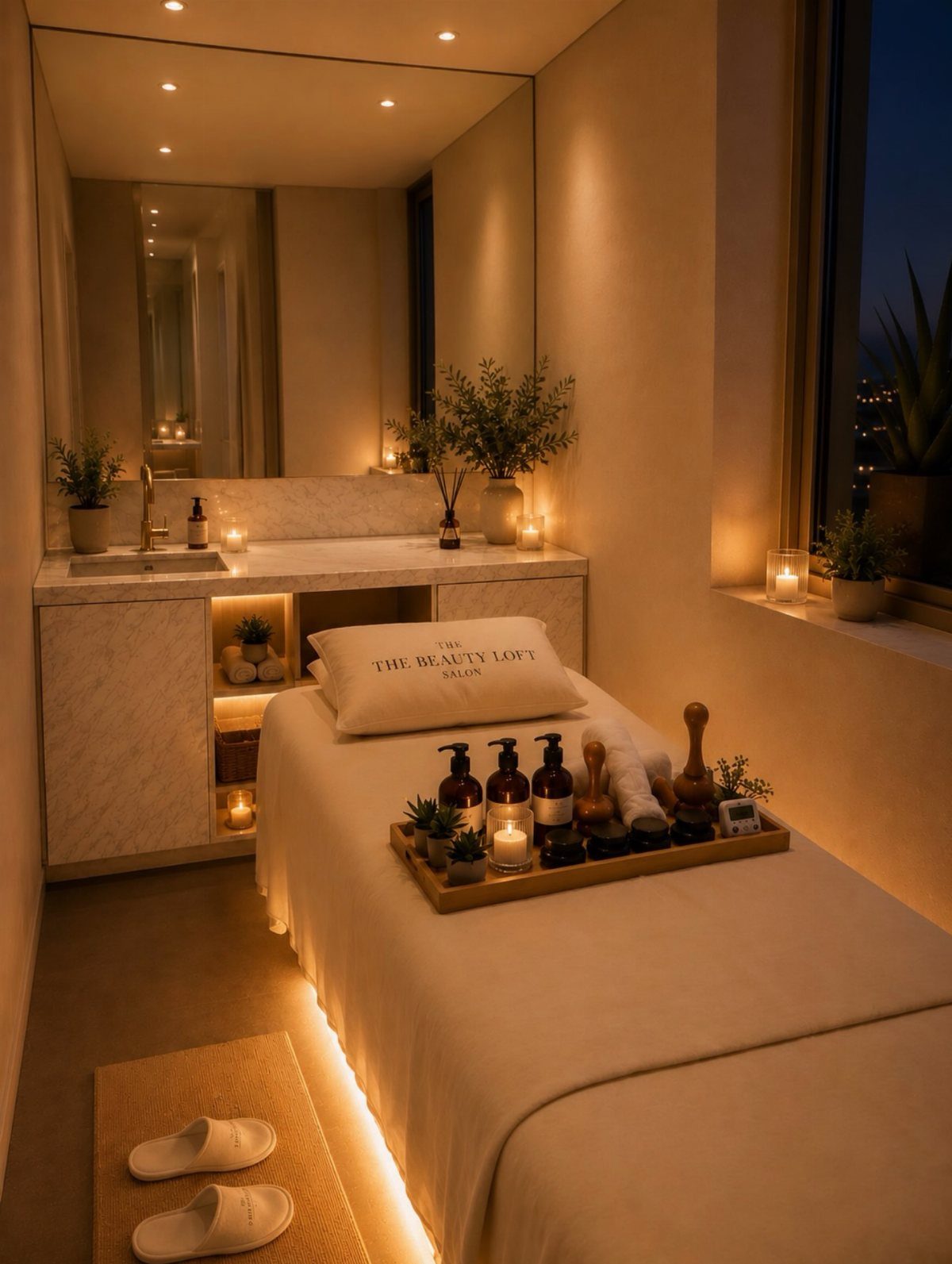 A massage table prepared with oils and candles in a dimly lit, luxurious spa room.