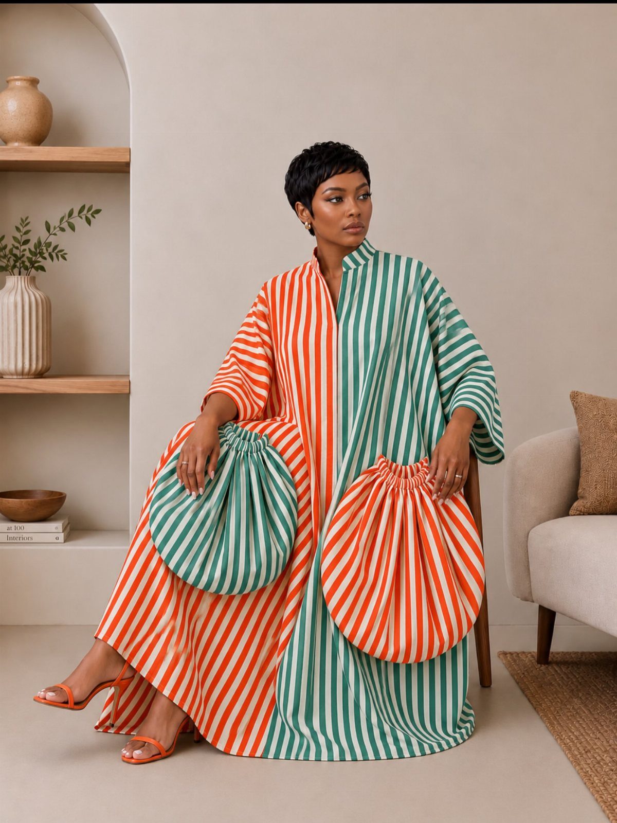 Woman sitting in a chair wearing a bold orange and green striped maxi dress.