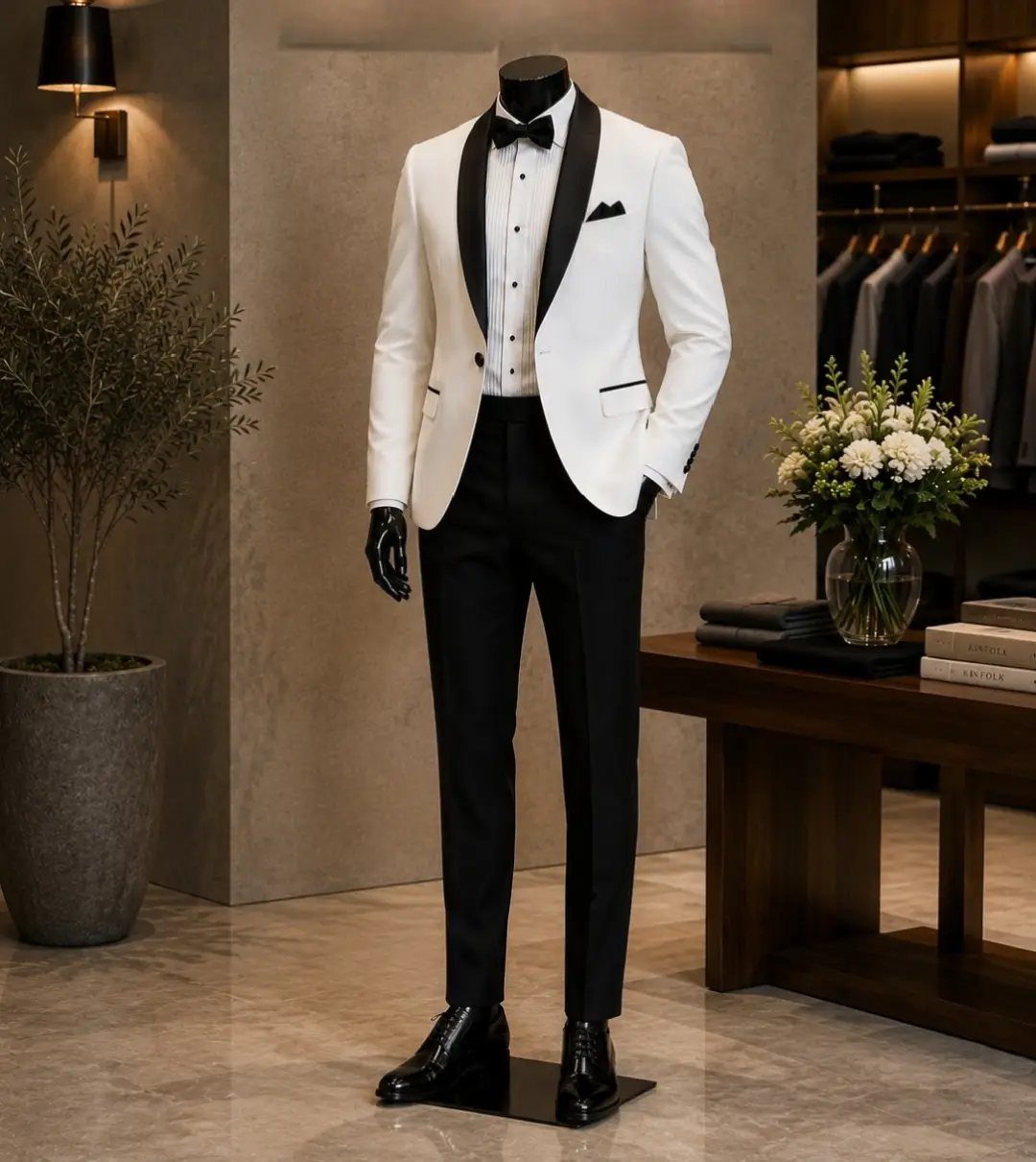 Mannequin wearing a white tuxedo jacket with black lapels and black trousers in a boutique.