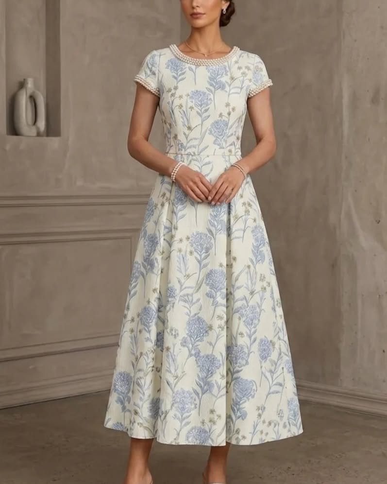 Woman in a white tea-length dress with blue floral patterns and beaded neckline.