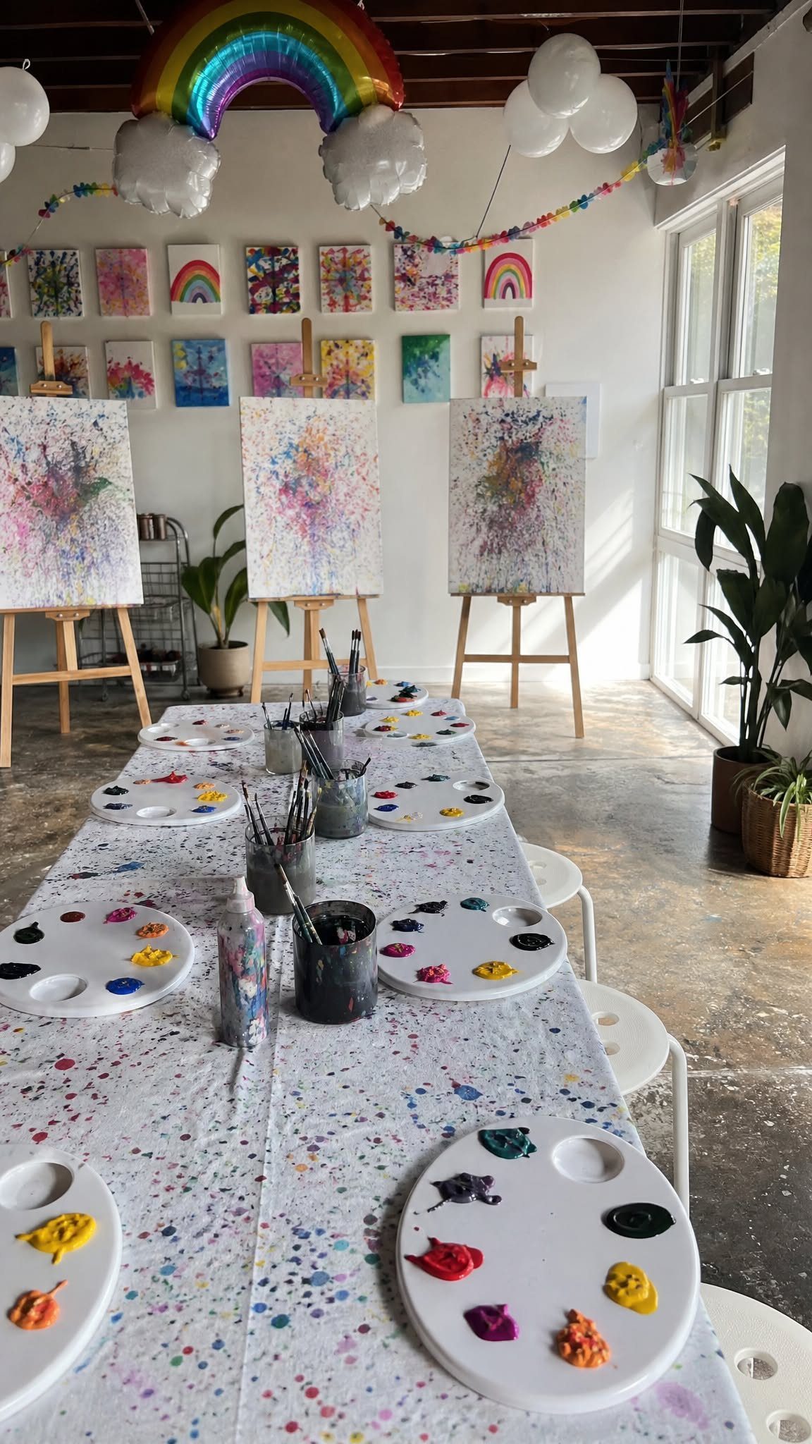 Paint palettes and canvases on easels prepared for a creative art session.