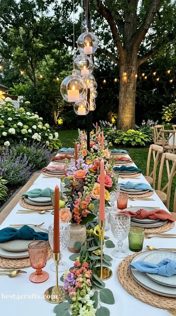 A long outdoor dining table decorated with colorful floral arrangements, taper candles, and hanging glass lanterns.