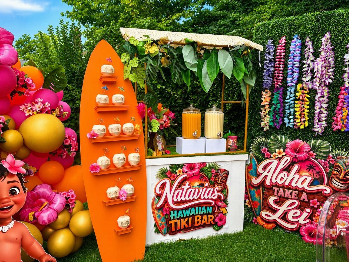 A colorful tropical tiki bar setup with a surfboard dessert stand and flower leis.