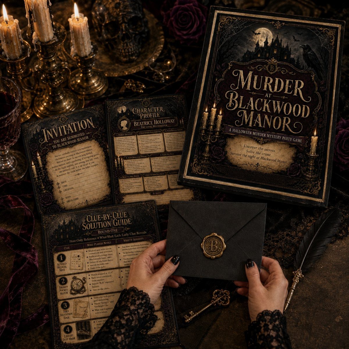 Hands holding a black envelope with a gold wax seal amidst murder mystery game components.
