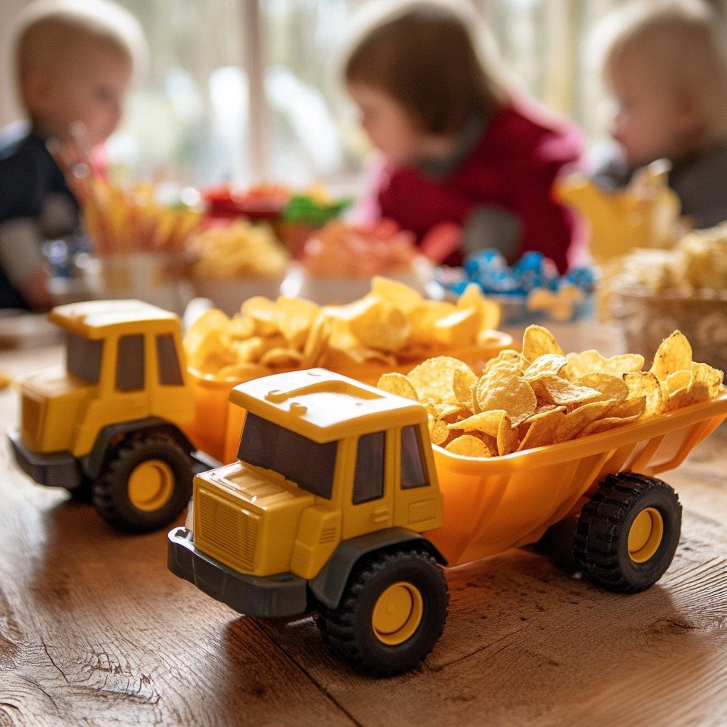 Yellow toy construction trucks filled with potato chips sitting on a wooden table.