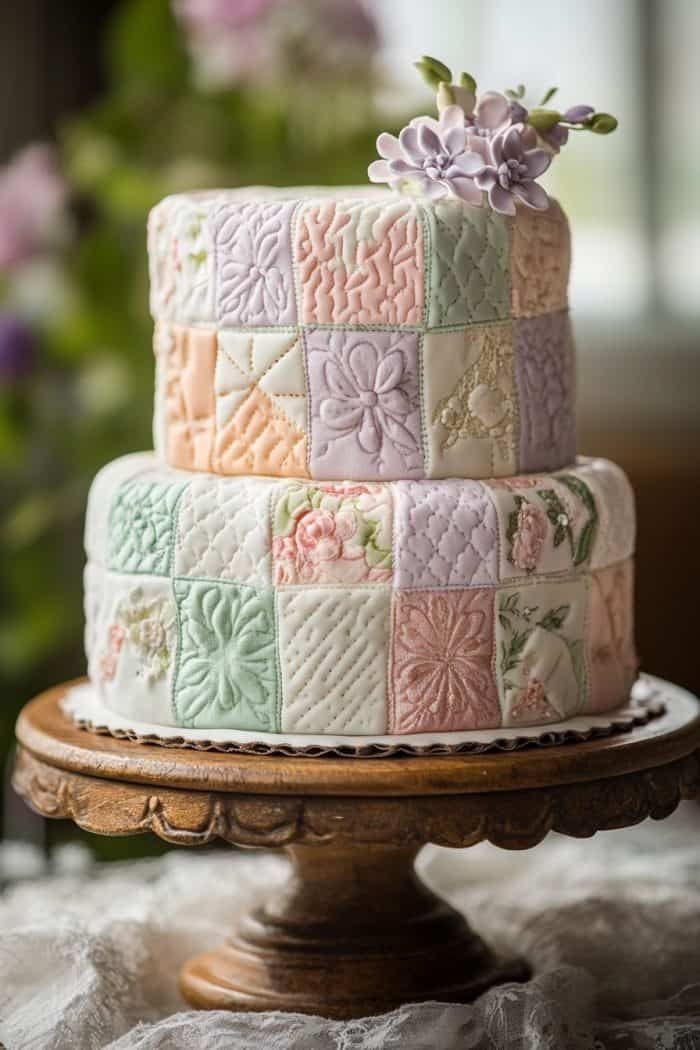 Two-tiered pastel cake decorated with intricate quilted fondant patterns and sugar flowers on a wooden stand.