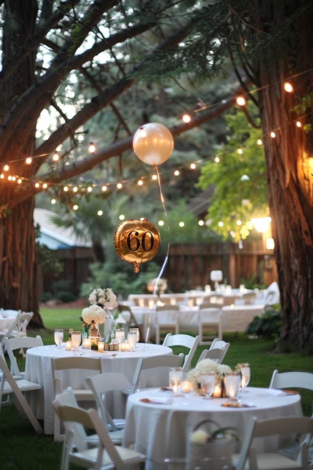 White decorated tables and chairs set under string lights in a garden with gold balloons.