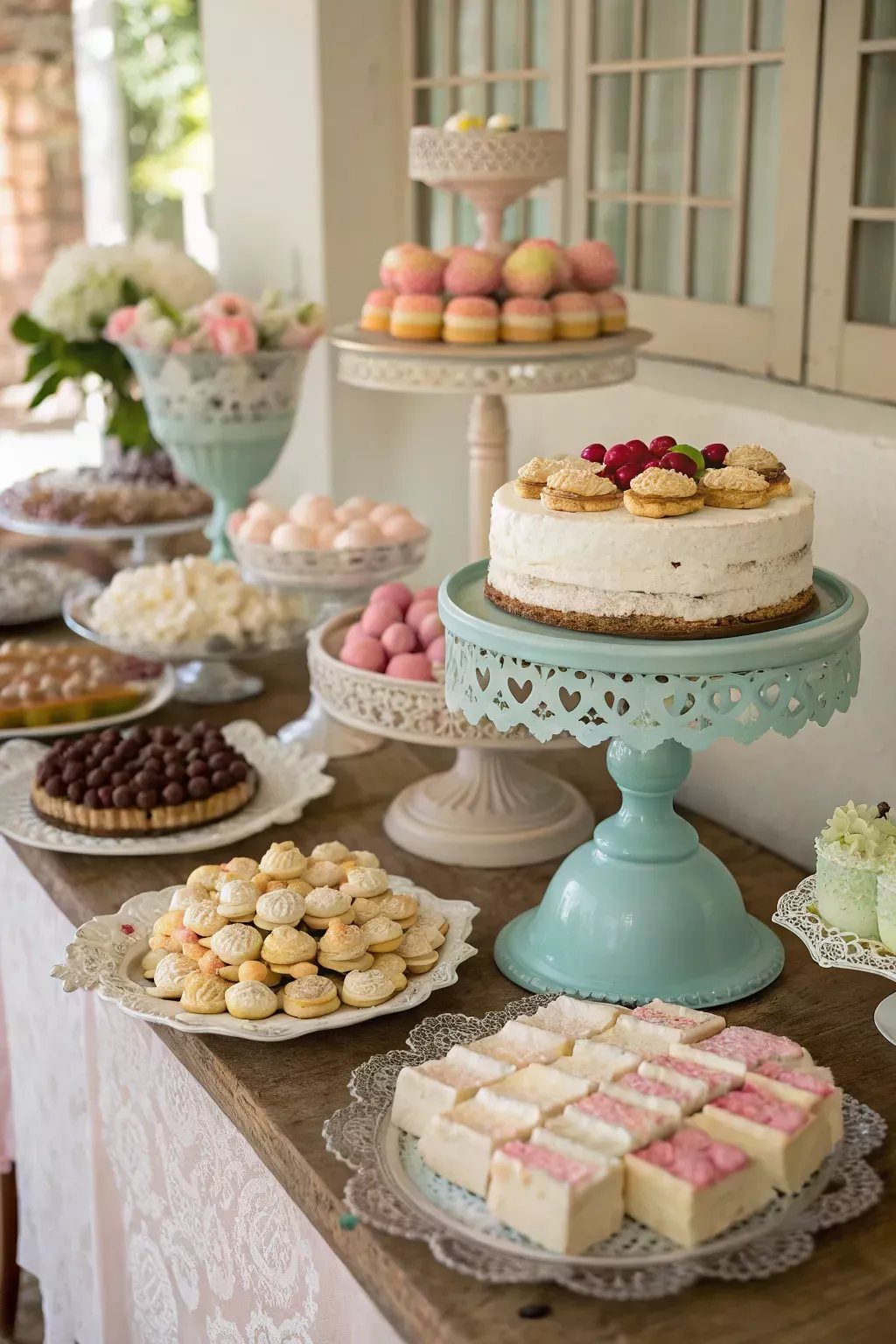 Assorted pastel desserts and cakes displayed on elegant tiered stands and decorative plates.