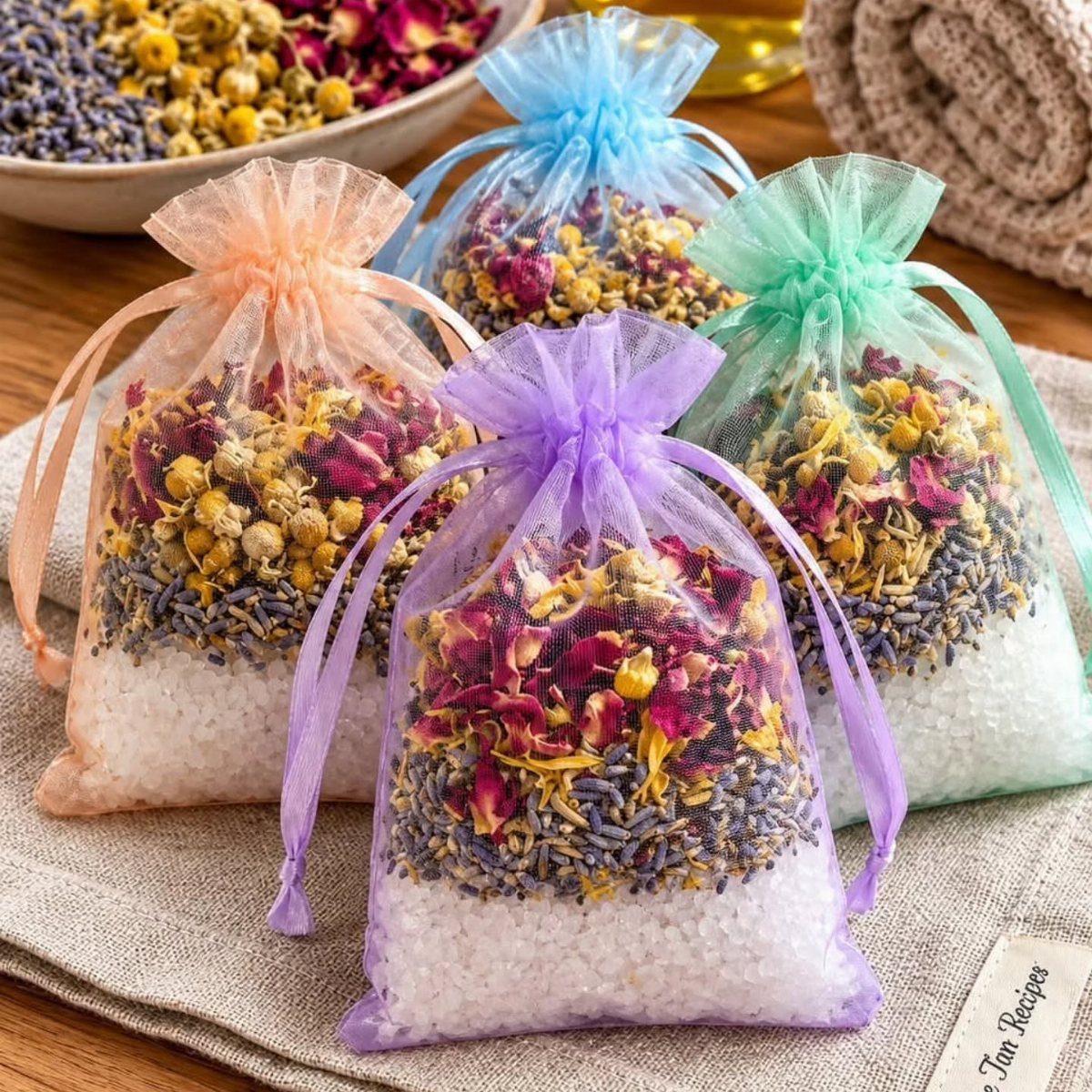 Four mesh drawstring bags filled with dried flowers and white bath salts on linen.