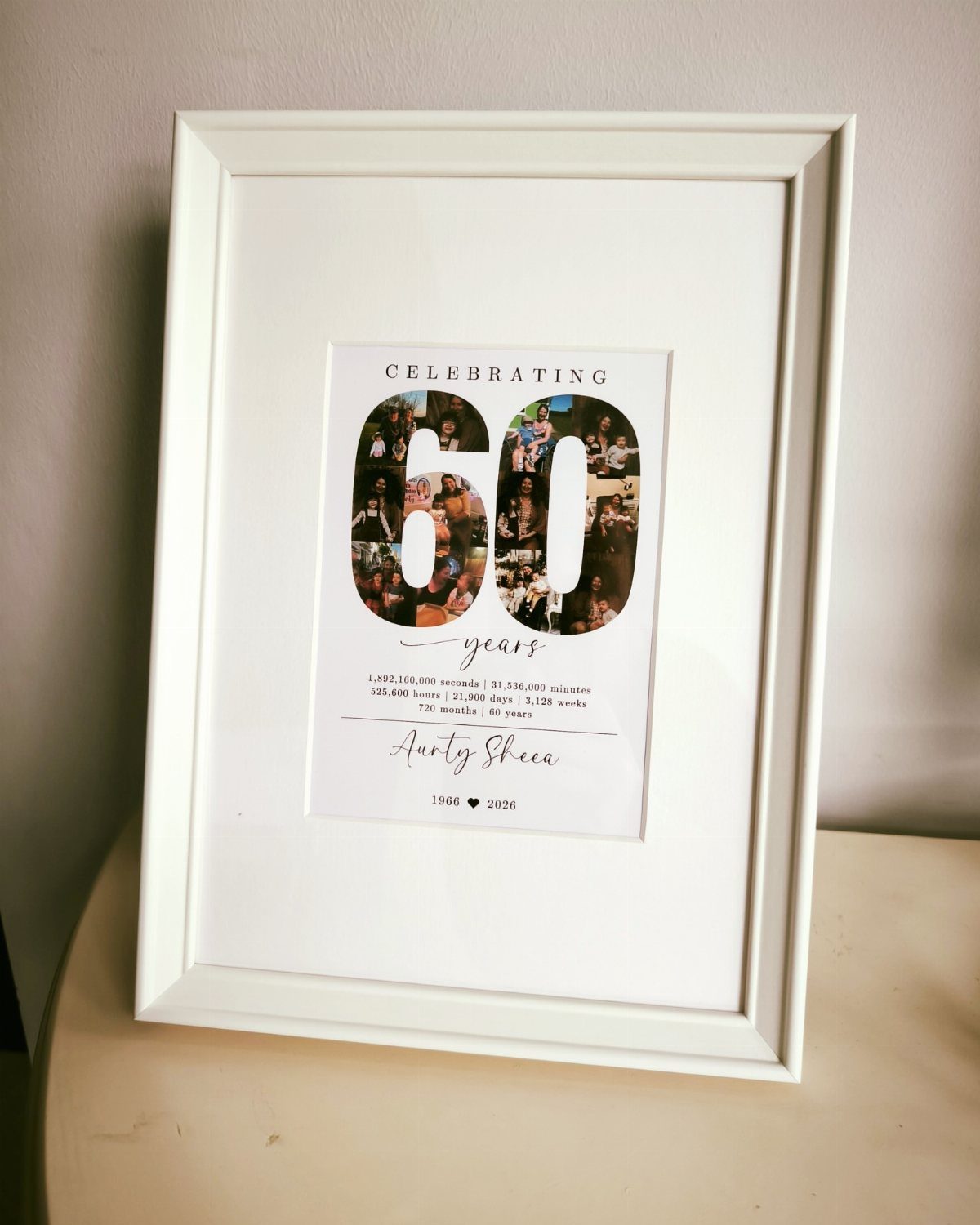 A white framed personalized print celebrating sixty years with photo-filled numbers and text.