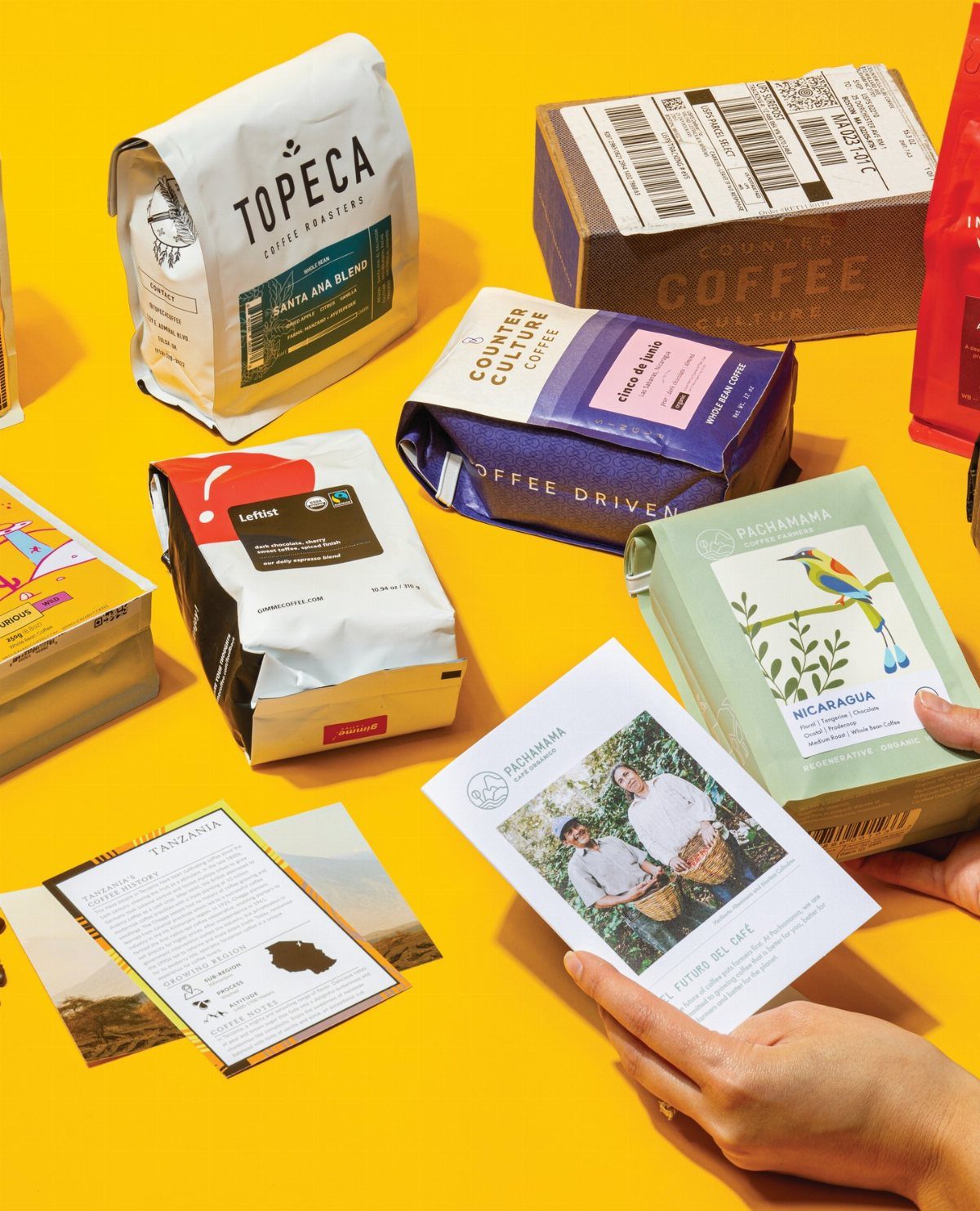 Various colorful coffee bean bags and informational cards spread across a bright yellow background.
