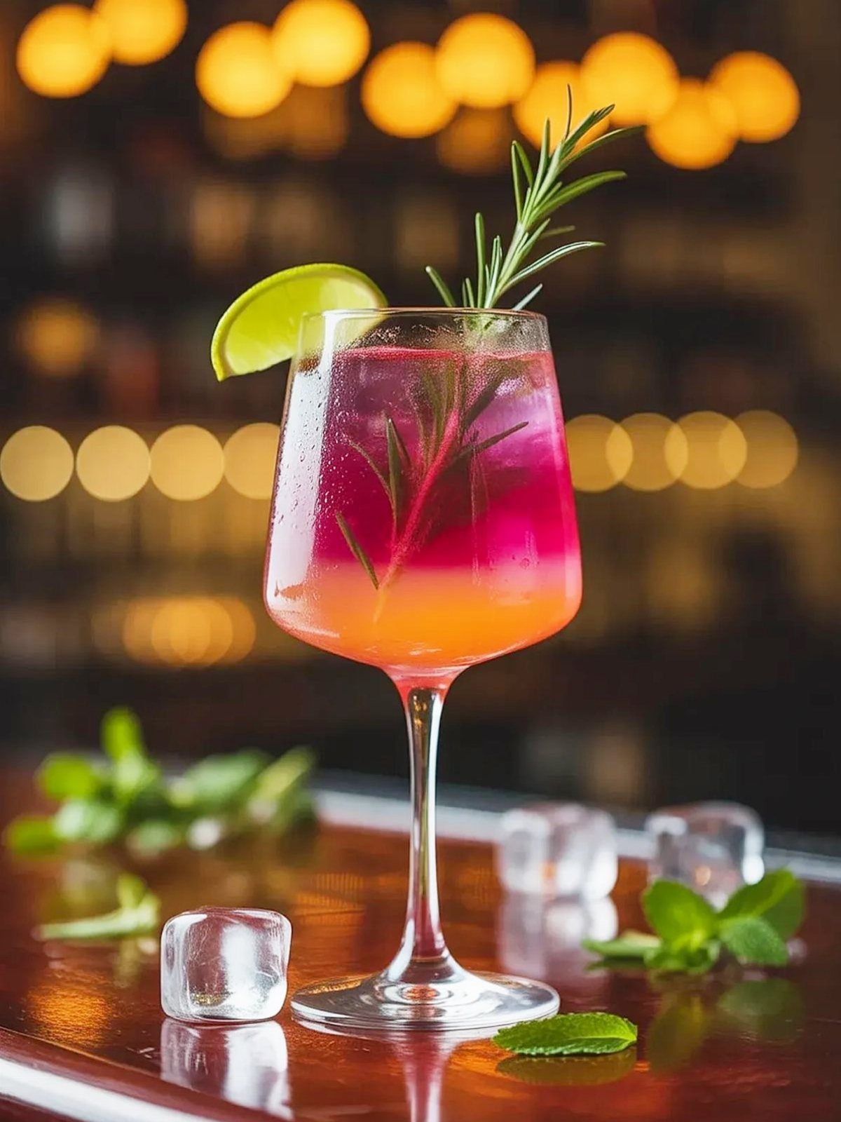 A layered pink and orange cocktail garnished with lime and rosemary on a bar.