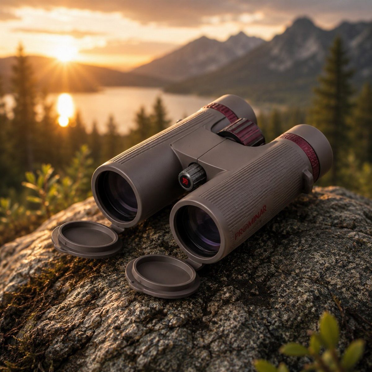 Grey and maroon binoculars resting on a mossy rock overlooking a mountain lake at sunset.