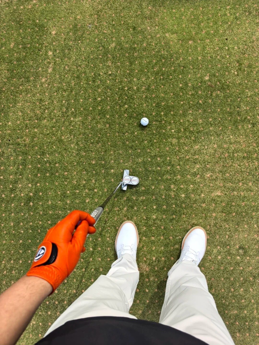 A person in white pants prepares to putt a golf ball on a green grass course.