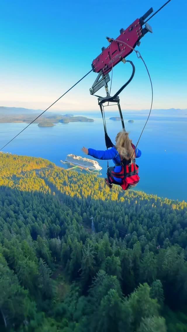 A person ziplining over a vast green forest and blue ocean with a cruise ship below.