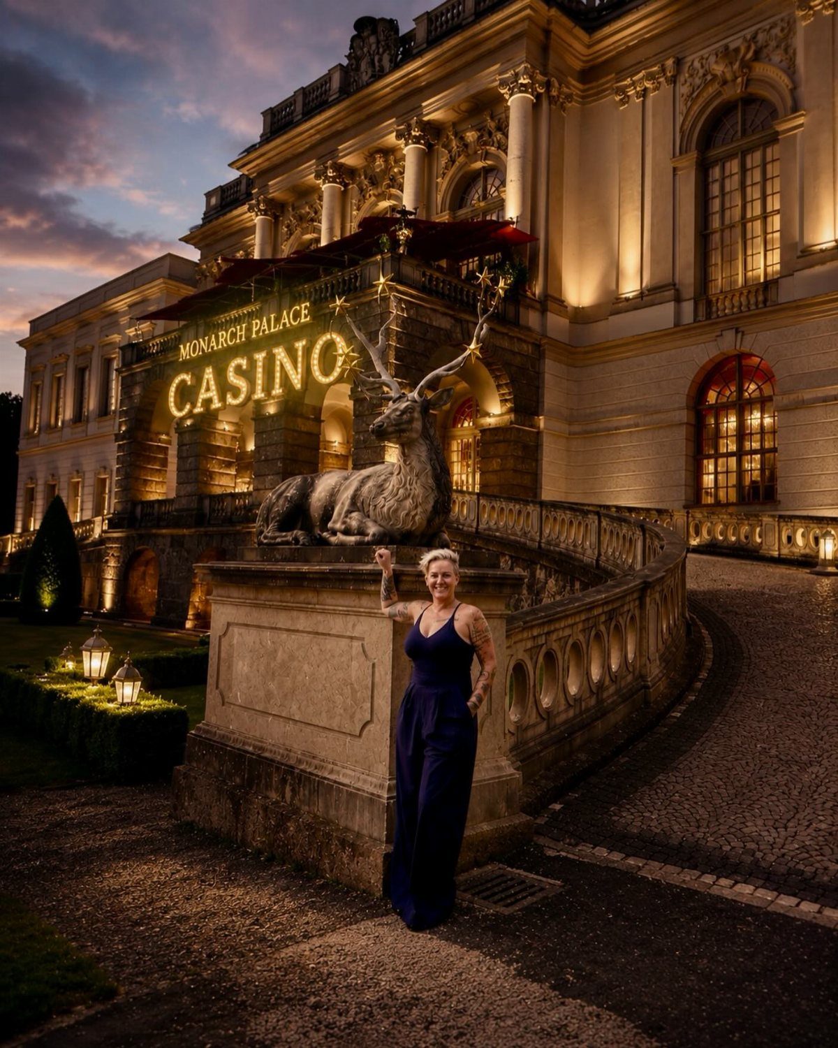 Woman in blue jumpsuit posing before a grand building with a glowing casino sign.