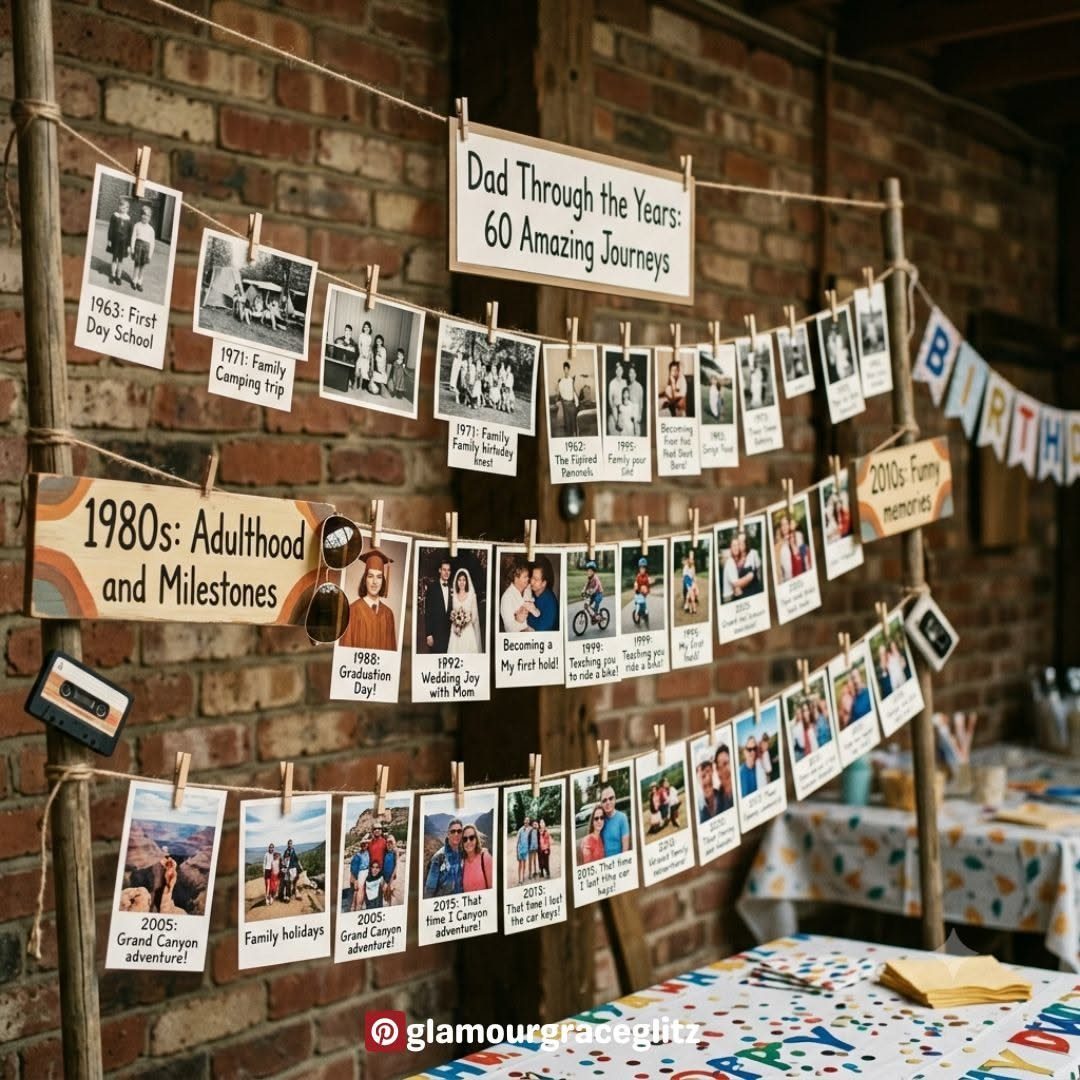 A photo display with many small pictures hanging on strings against a brick wall.