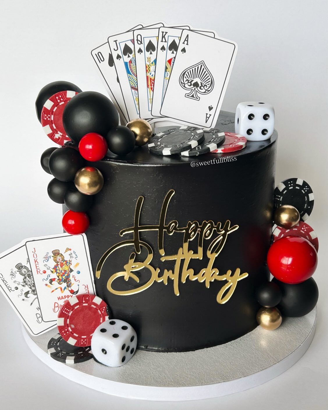 Black birthday cake decorated with playing cards, dice, poker chips, and gold lettering.