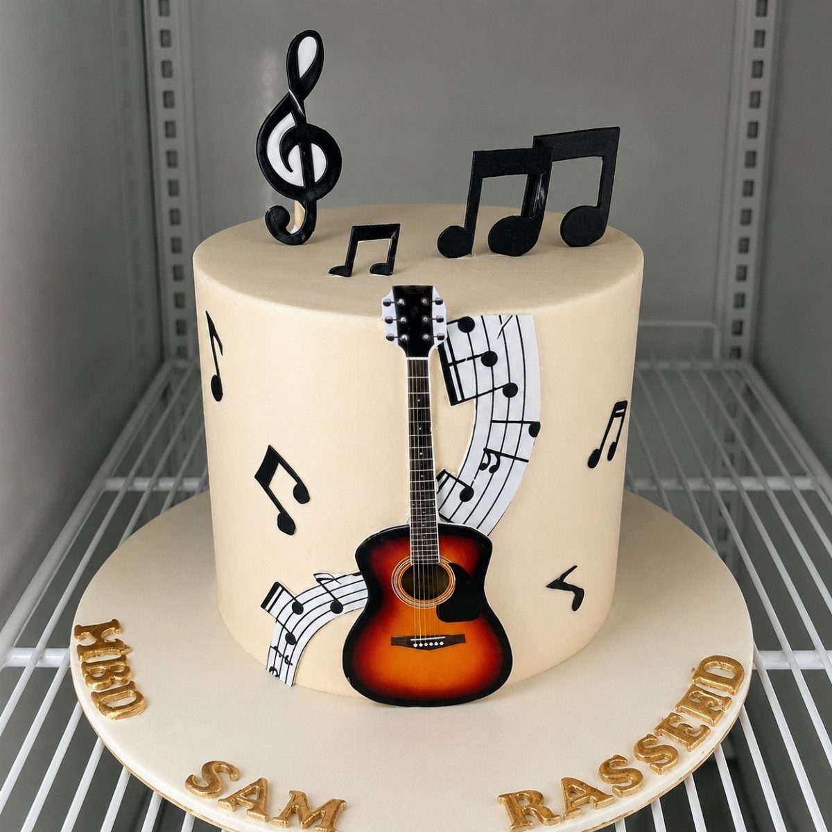 Cream cake decorated with an acoustic guitar, musical notes, and sheet music on a white shelf.