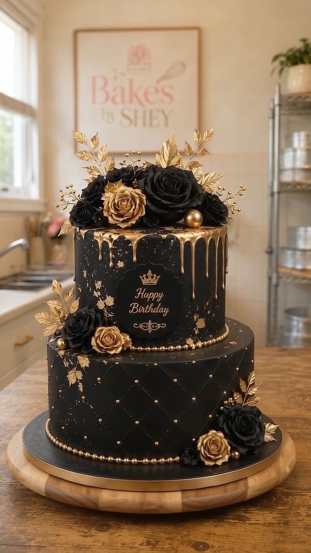 Two-tier black cake with gold quilted fondant, edible gold drips, and black and gold roses.