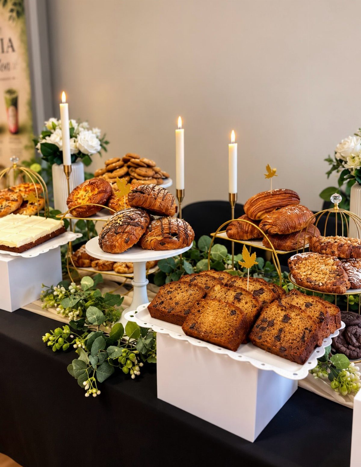Dessert table with black cloth featuring croissants, loaf cakes, and cookies on white stands and gold racks decorated with candles and greenery.