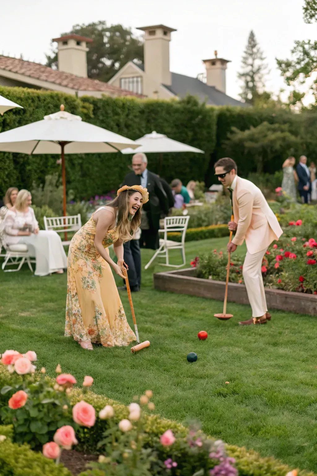 A woman in a floral dress and a man in a pink suit playing croquet in a garden.