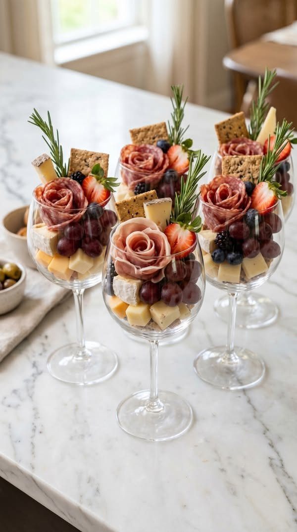 Three wine glasses filled with charcuterie, cheese, grapes, and rosemary on a marble surface.