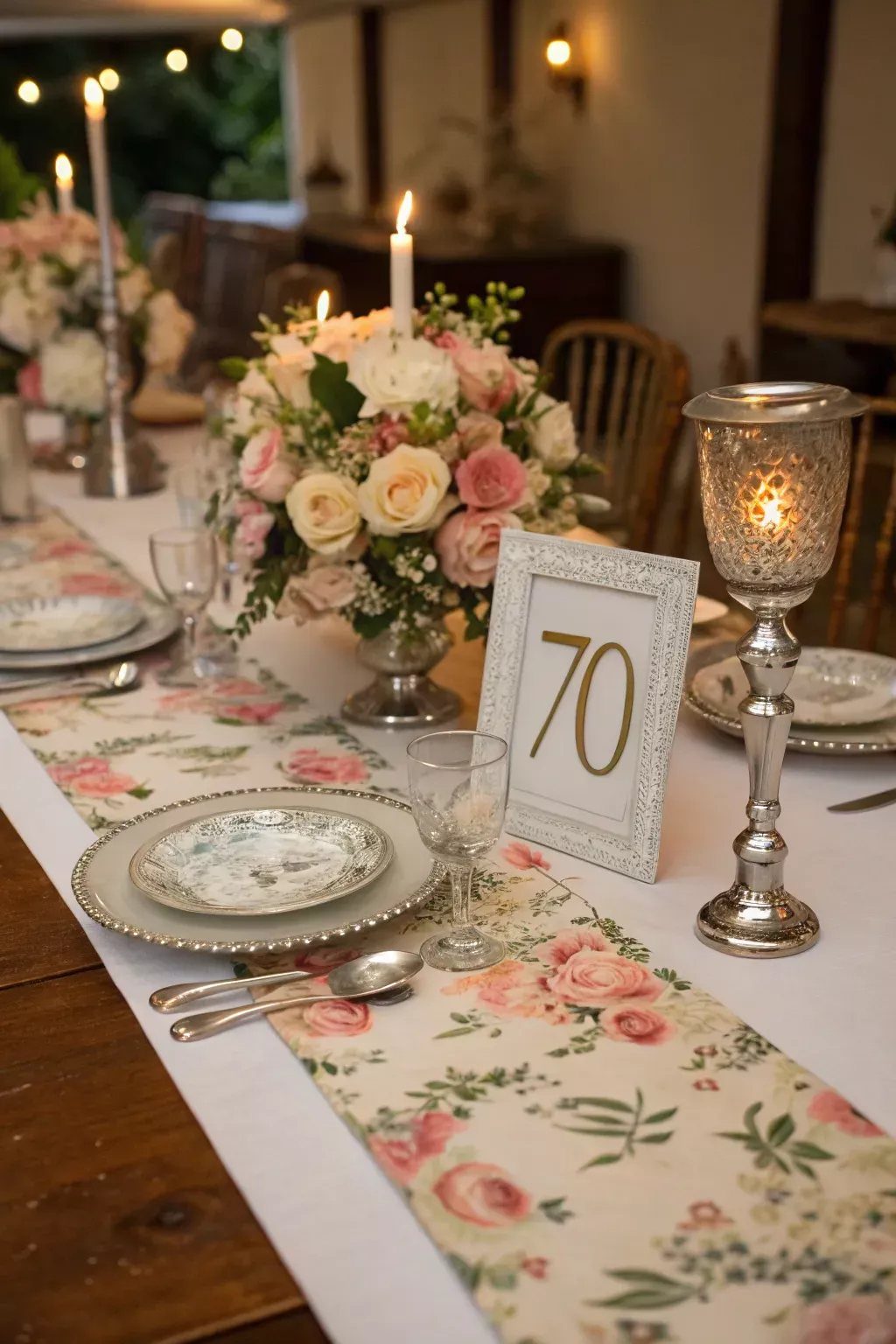 An elegant dining table set with floral arrangements, candles, and a framed number 70.