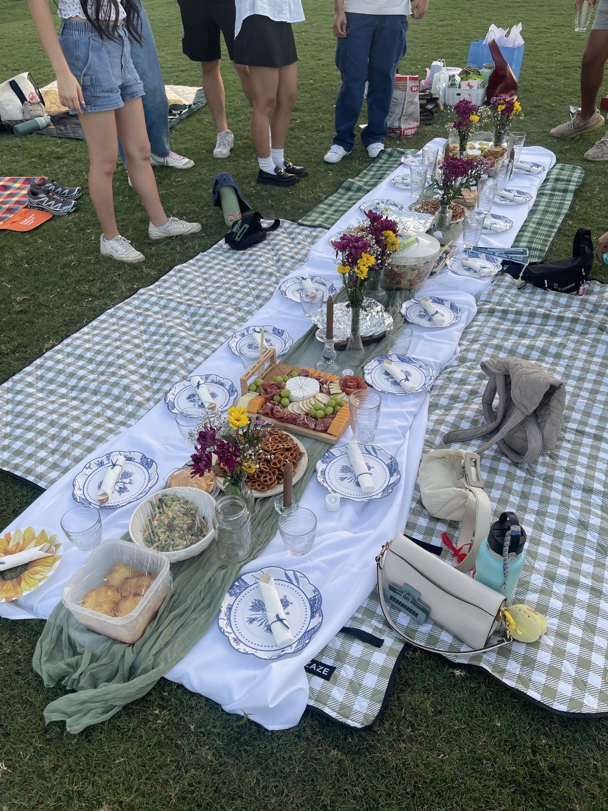 A long outdoor picnic table spread with food, plates, and flowers on a checkered blanket.