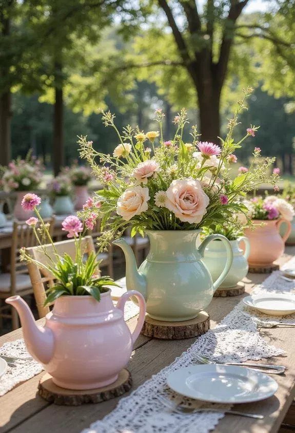 Pastel teapots filled with colorful flowers arranged on a lace-covered wooden table outdoors.
