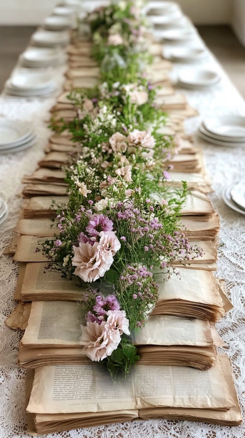 Open vintage books decorated with pink and purple wildflowers forming a table runner on a lace tablecloth.