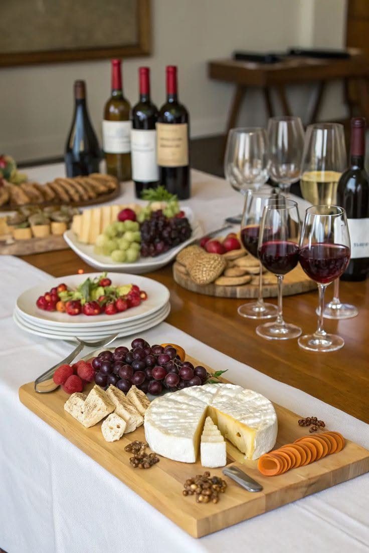 A sophisticated spread of wine, cheese, grapes, and appetizers on a long dining table.