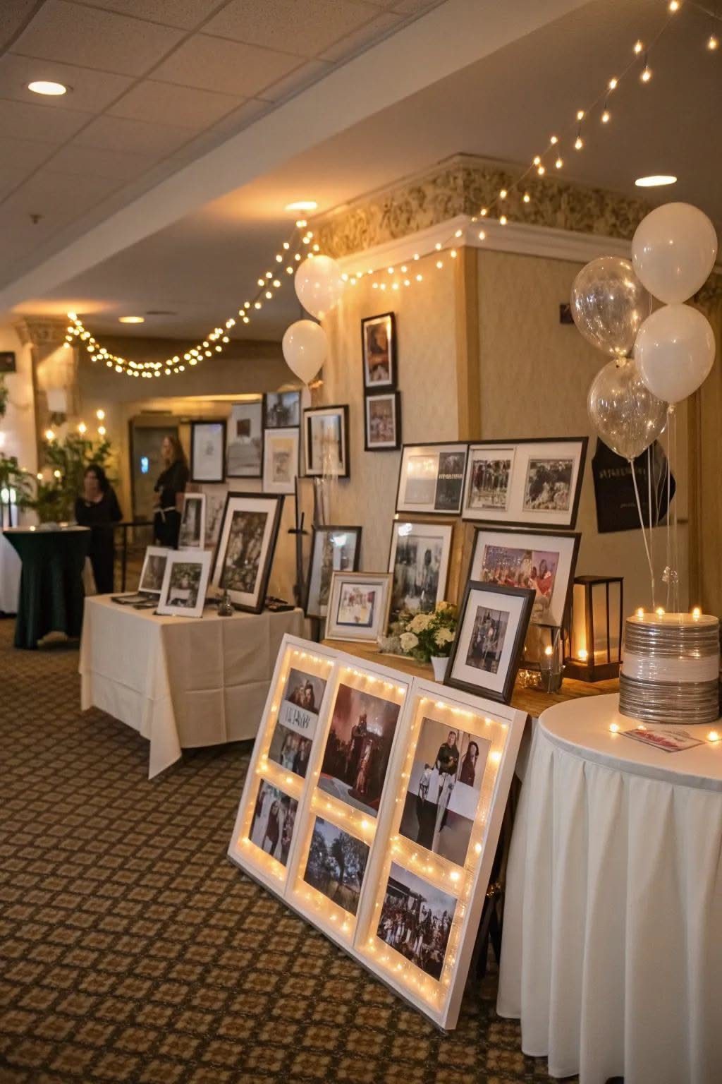 Framed photographs and white balloons decorate a room with string lights and white tablecloths.