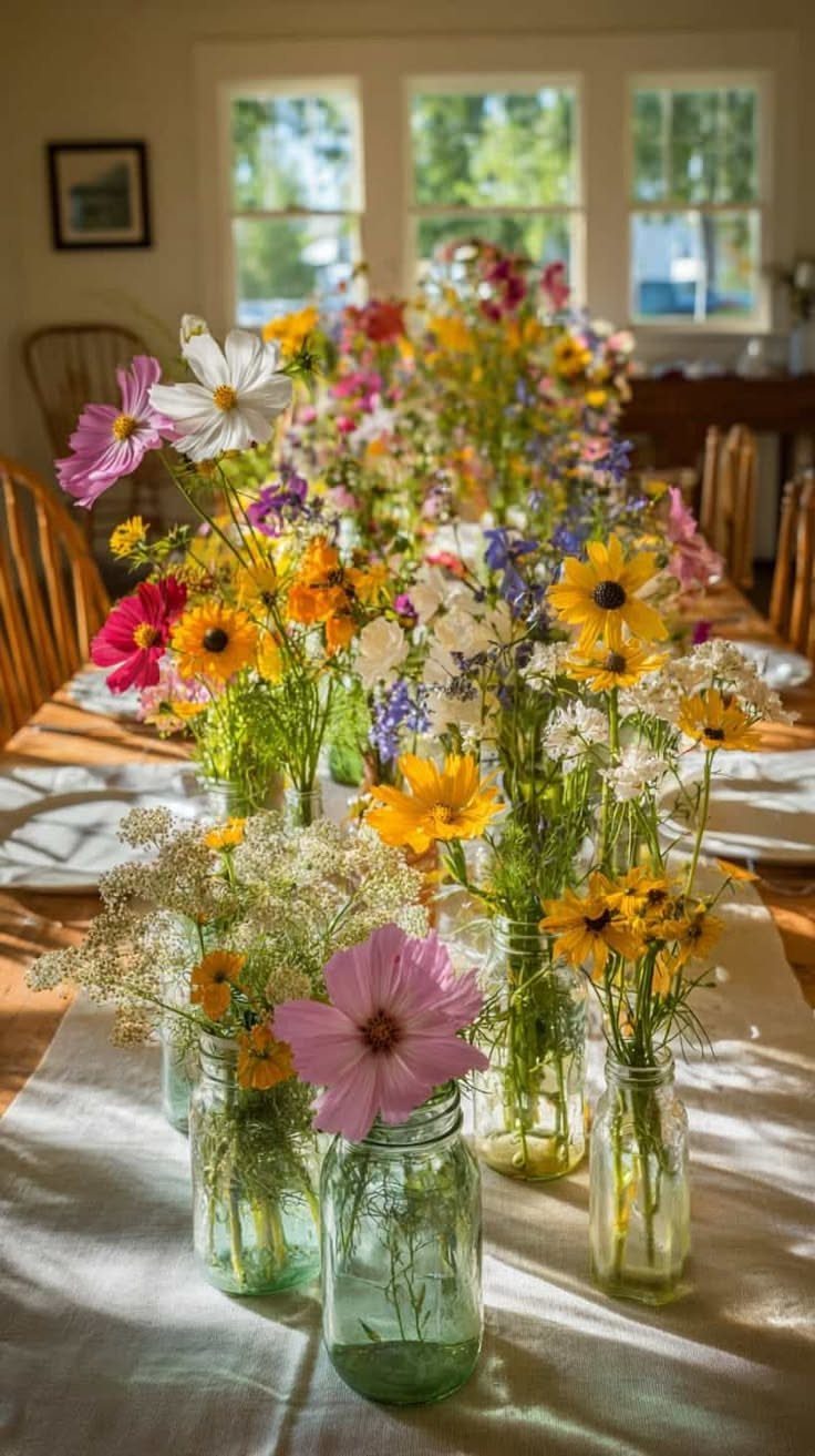 Wildflowers in glass mason jars arranged along a wooden table with a white linen runner.